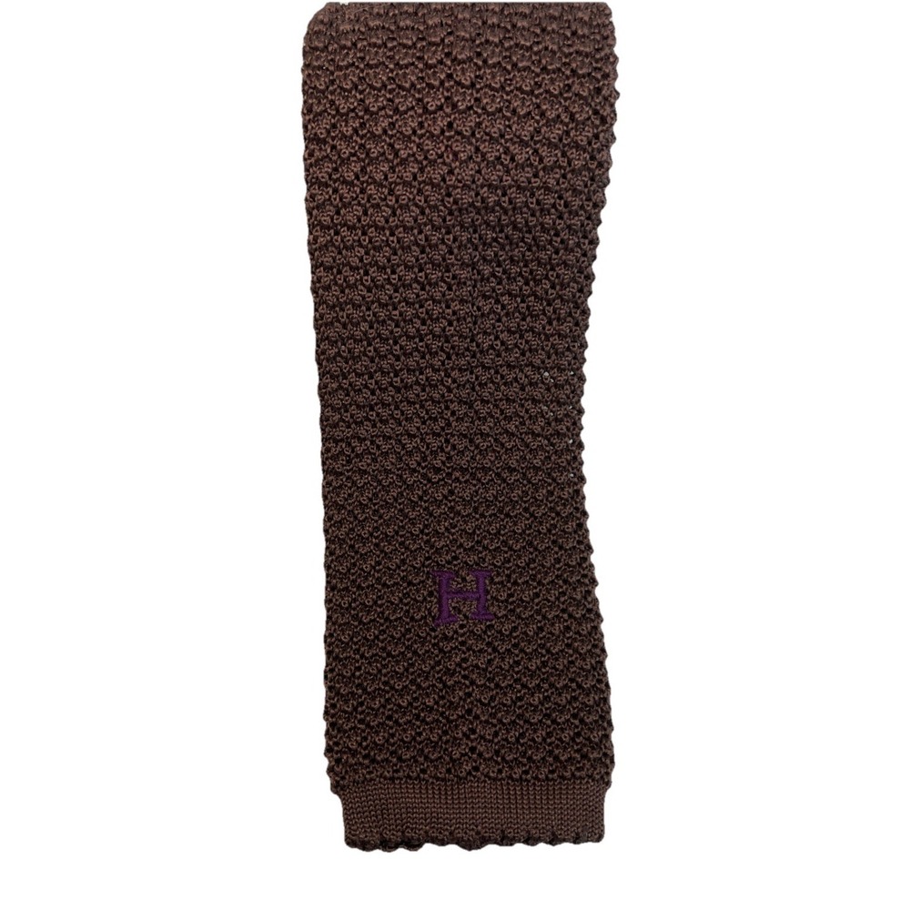 HERMÈS Men's Brown Silk Wide Tricot Knit Tie